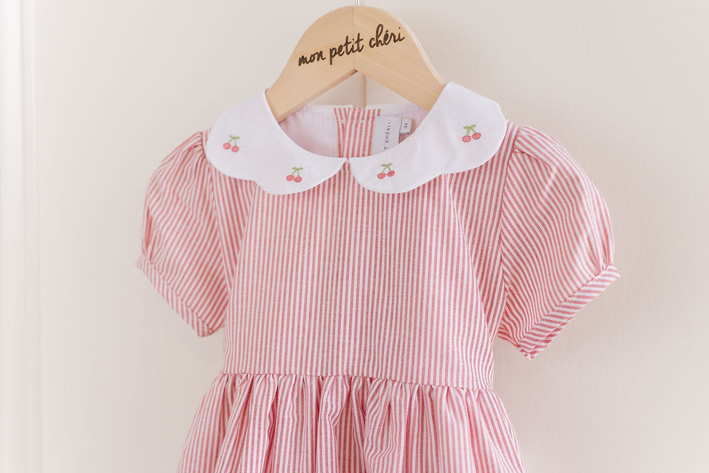 CERISE EMBROIDERED STRIPE DRESS