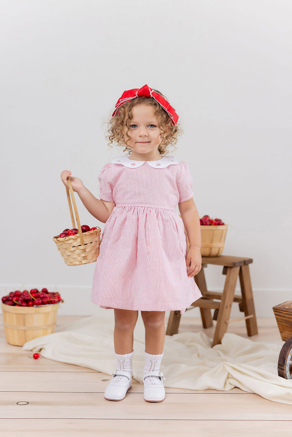 CERISE EMBROIDERED STRIPE DRESS